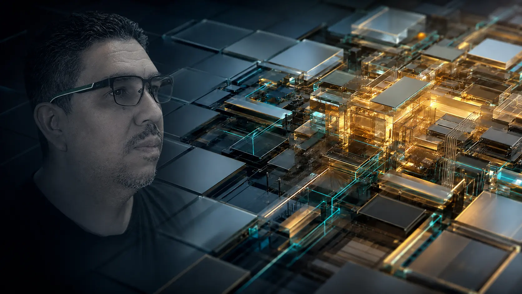 Isaac Andrade diante de uma estrutura visual que contrasta padronização e complexidade tecnológica