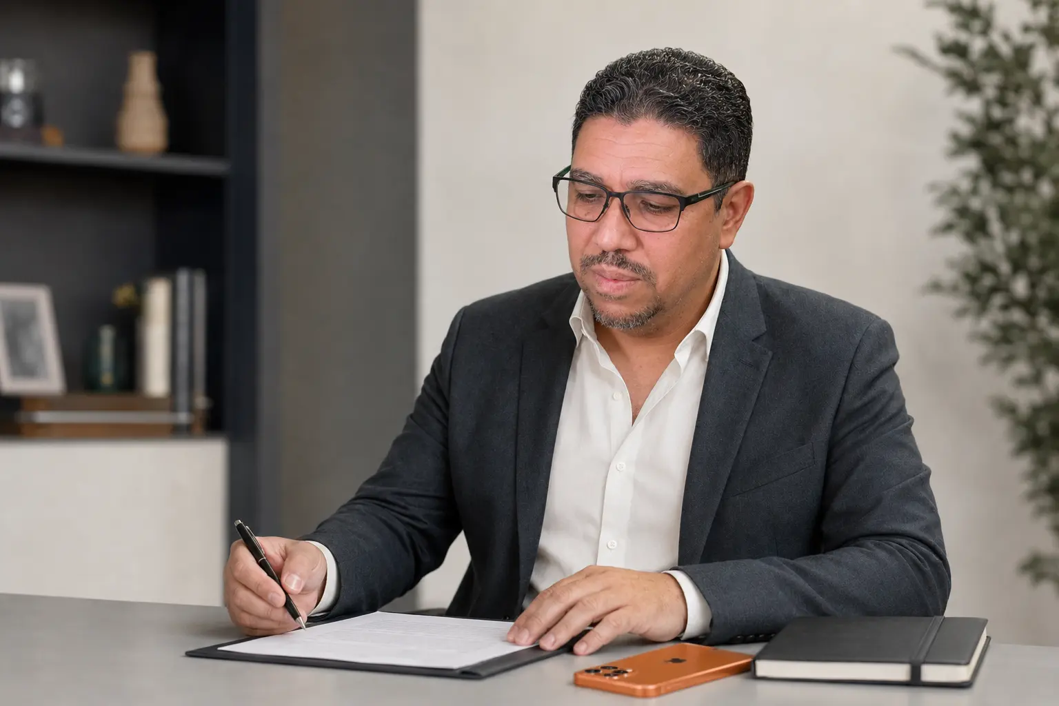Isaac Andrade analisando documentos em uma mesa de trabalho, com seu iPhone laranja ao lado