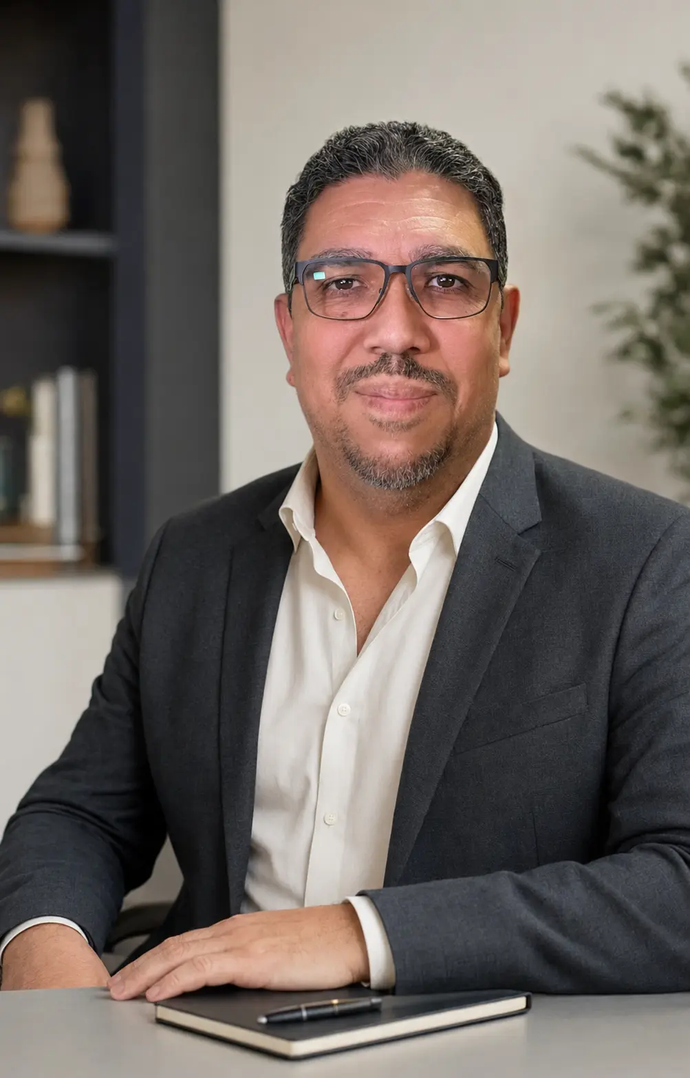 Isaac Andrade em retrato profissional, sentado à mesa e olhando para a câmera