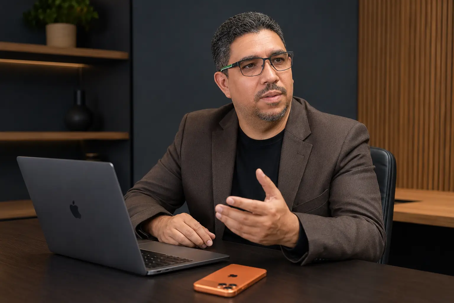 Isaac Andrade em uma conversa profissional, explicando uma decisão diante de um notebook